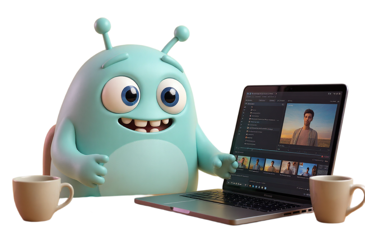 Das Monster schneidet am Laptop